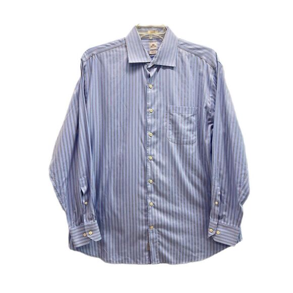 Peter Millar Nanoluxe Button Down Shirt Men 17.5 Long Blue Striped Easycare - Picture 1 of 12